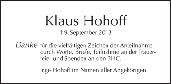 Traueranzeige von Klaus Hohoff von Tagesspiegel