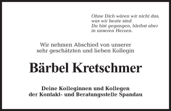 Traueranzeige von Brbel Kretschmer von Tagesspiegel