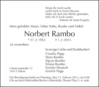Traueranzeige von Norbert Rambo von Tagesspiegel