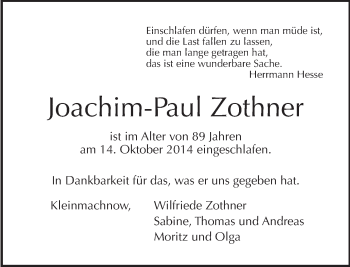 Traueranzeige von Joachim-Paul Zothner von Tagesspiegel
