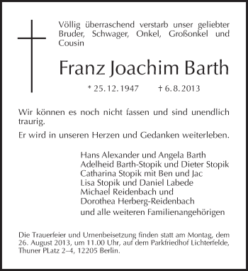 Traueranzeige von Franz Joachim Barth von Tagesspiegel