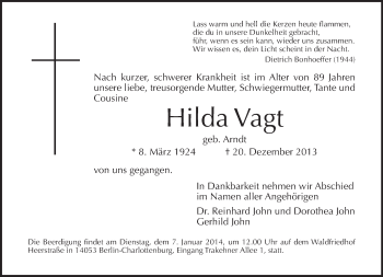 Traueranzeige von Hilda Vagt von Tagesspiegel