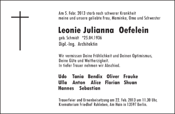 Traueranzeige von Leonie Julianna Oefelein von Tagesspiegel