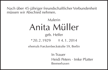 Traueranzeige von Anita Müller von Tagesspiegel