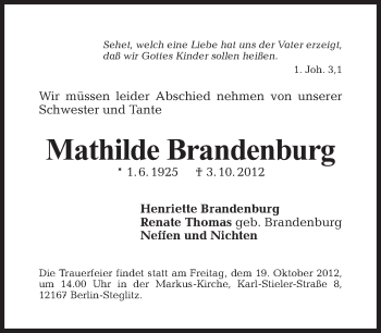 Traueranzeige von Mathilde Brandenburg von Tagesspiegel