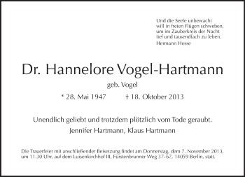 Traueranzeige von Hannelore Vogel-Hartmann von Tagesspiegel