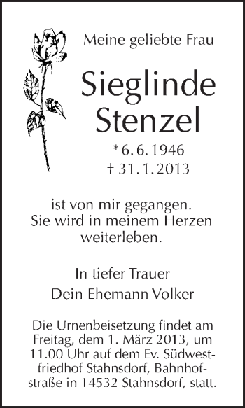 Traueranzeige von Sieglinde Stenzel von Tagesspiegel