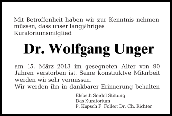 Traueranzeige von Wolfgang Unger von Tagesspiegel