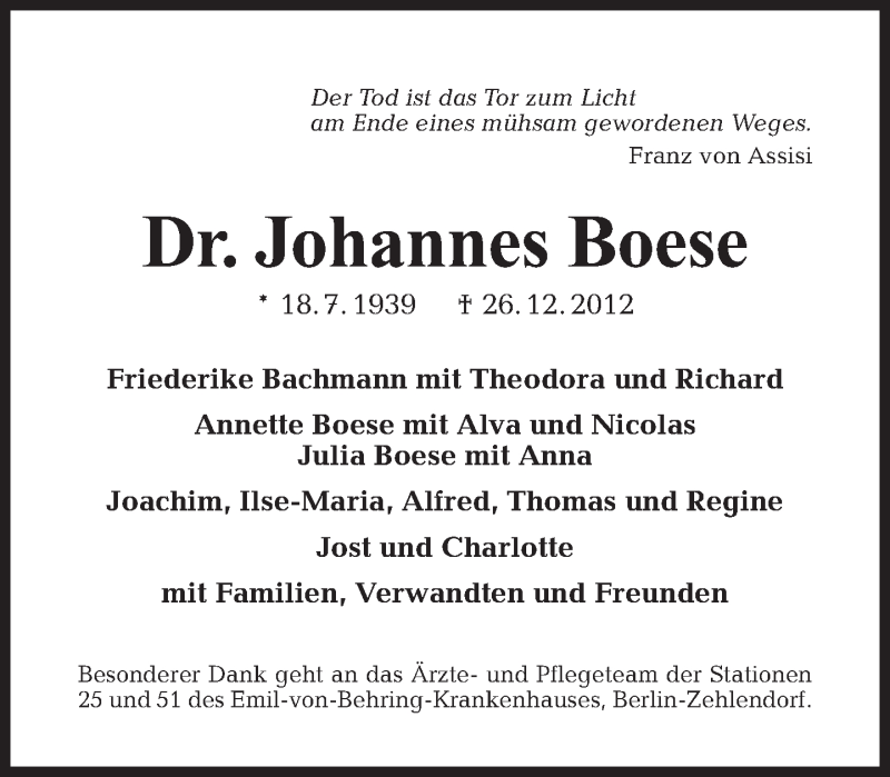  Traueranzeige für Johannes Boese vom 30.12.2012 aus Tagesspiegel
