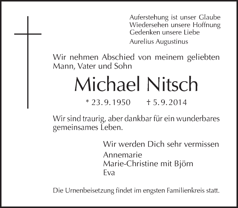  Traueranzeige für Michael Nitsch vom 21.09.2014 aus Tagesspiegel