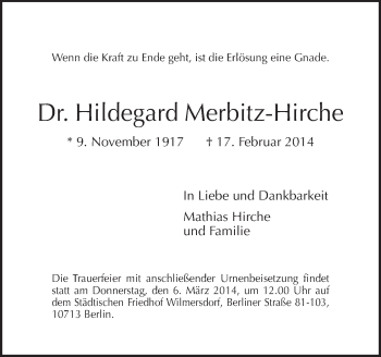 Traueranzeige von Hildegard Merbitz-Hirche von Tagesspiegel
