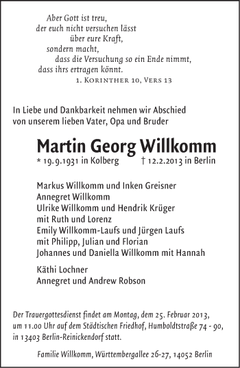 Traueranzeige von Martin Georg Willkomm von Tagesspiegel