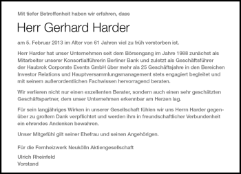 Traueranzeige von Gerhard Harder von Tagesspiegel