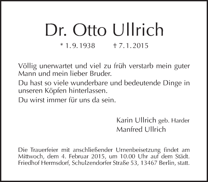  Traueranzeige für Otto Ullrich vom 18.01.2015 aus Tagesspiegel