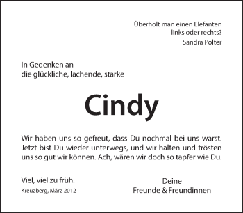 Traueranzeige von Cindy  von Tagesspiegel