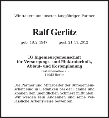 Traueranzeige von Ralf Gerlitz von Tagesspiegel