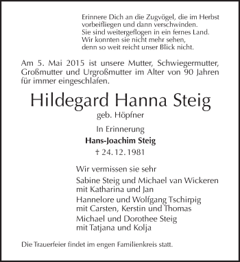 Traueranzeige von Hildegard Hanna Steig von Tagesspiegel