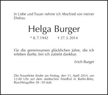 Traueranzeige von Helga Burger von Tagesspiegel