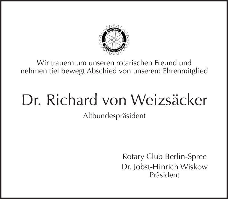  Traueranzeige für Richard von Weizsäcker vom 08.02.2015 aus Tagesspiegel