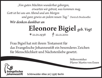 Traueranzeige von Eleonore Bigiel von Tagesspiegel