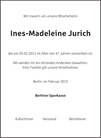 Traueranzeige von Ines-Madeleine Jurich von Tagesspiegel