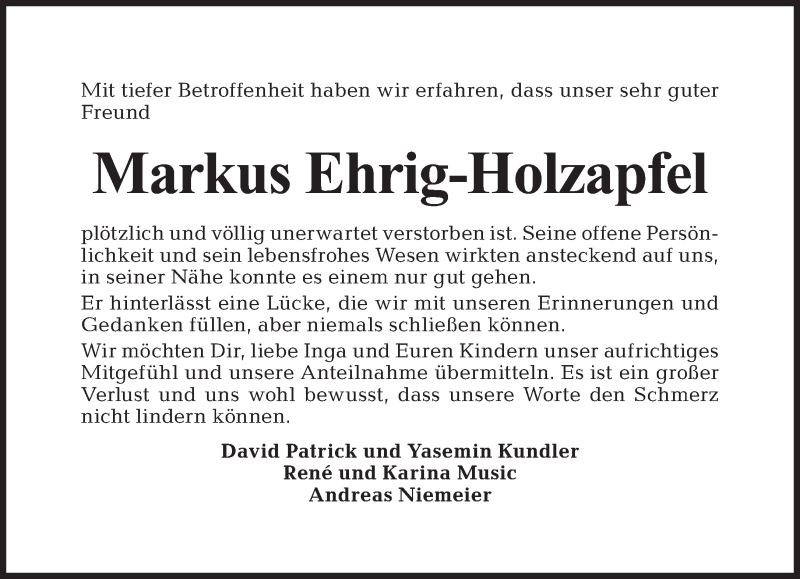  Traueranzeige für Markus Ehrig-Holzapfel vom 02.12.2012 aus Tagesspiegel