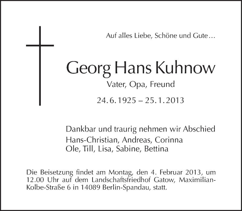  Traueranzeige für Georg Hans Kuhnow vom 03.02.2013 aus Tagesspiegel