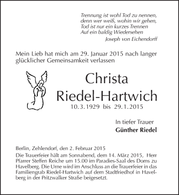Traueranzeige von Christa Riedel-Hartwich von Tagesspiegel