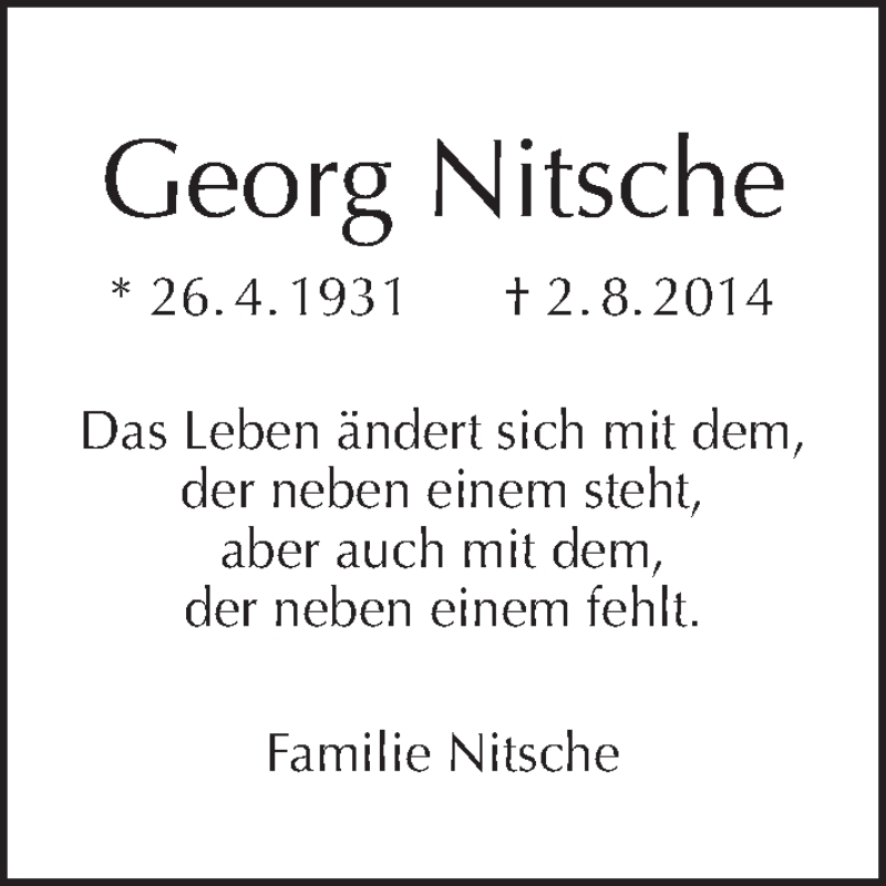  Traueranzeige für Georg Nitsche vom 31.08.2014 aus Tagesspiegel