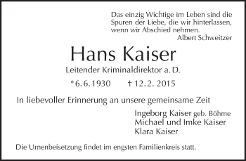 Traueranzeige von Hans Kaiser von Tagesspiegel
