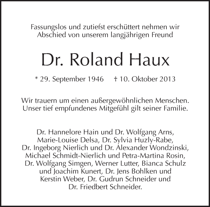  Traueranzeige für Roland Haux vom 03.11.2013 aus Tagesspiegel
