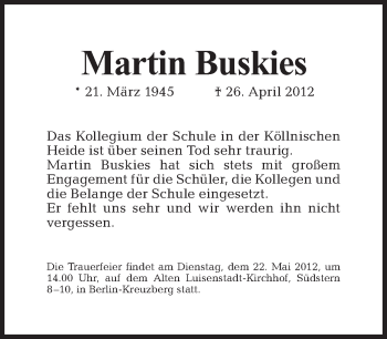 Traueranzeige von Martin Buskies von Tagesspiegel