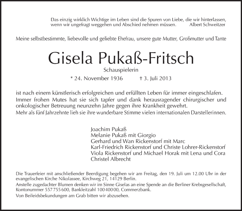  Traueranzeige für Gisela Pukaß-Fritsch vom 14.07.2013 aus Tagesspiegel