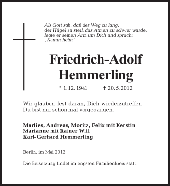 Traueranzeige von Friedrich-Adolf Hemmerling von Tagesspiegel