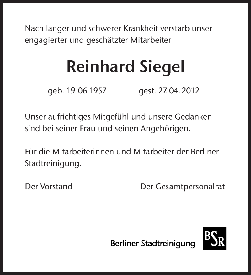  Traueranzeige für Reinhard Siegel vom 06.05.2012 aus Tagesspiegel