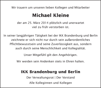 Traueranzeige von Michael Kleine von Tagesspiegel