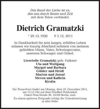 Traueranzeige von Dietrich Gramatzki von Tagesspiegel