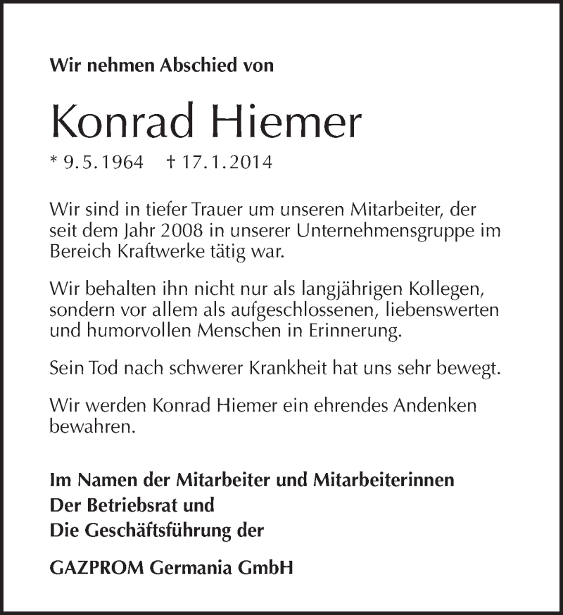  Traueranzeige für Konrad Hiemer vom 26.01.2014 aus Tagesspiegel