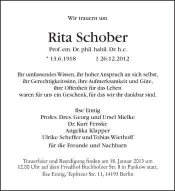 Traueranzeige von Rita Schober von Tagesspiegel