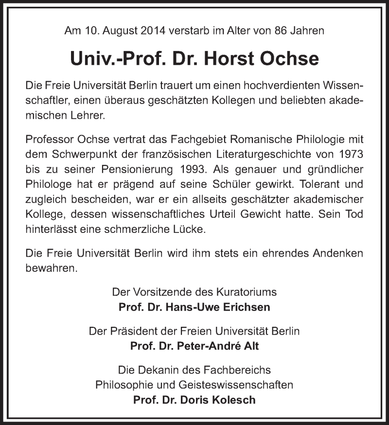  Traueranzeige für Horst Ochse vom 24.08.2014 aus Tagesspiegel