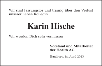 Traueranzeige von Karin Hische von Tagesspiegel