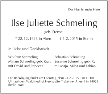 Traueranzeige von Ilse Juliette Schmeling von Tagesspiegel