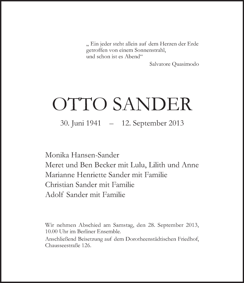  Traueranzeige für Otto Sander vom 22.09.2013 aus Tagesspiegel