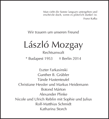 Traueranzeige von László Mozgay von Tagesspiegel