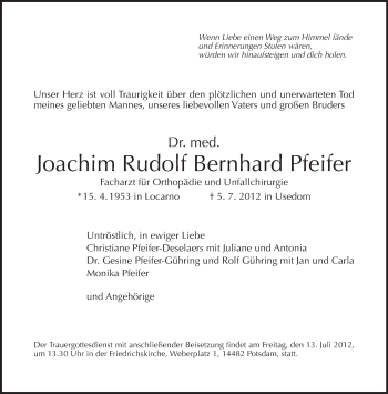Traueranzeige von Joachim Rudolf Bernhard Pfeifer von Tagesspiegel