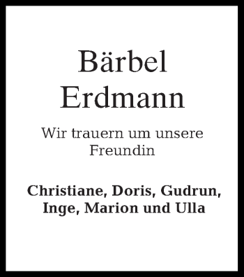 Traueranzeige von Bärbel Erdmann von Tagesspiegel