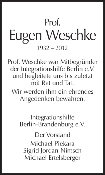 Traueranzeige von Eugen Weschke von Tagesspiegel