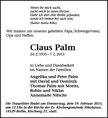 Traueranzeige von Claus Palm von Tagesspiegel