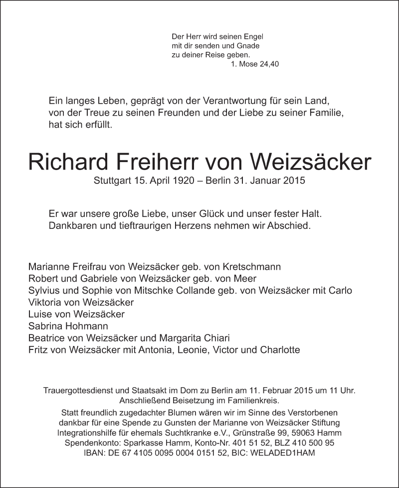  Traueranzeige für Richard Freiherr von Weizsäcker vom 08.02.2015 aus Tagesspiegel