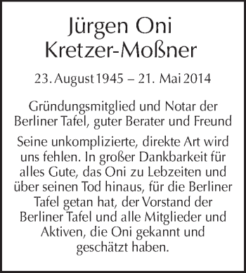 Traueranzeige von Jürgen Kretzer-Moßner von Tagesspiegel